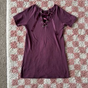 Garage Maroon Satin Lace-Up Tee Shirt Dress